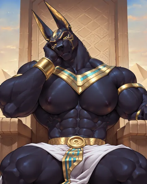 masterpiece, best quality, amazing quality, correct anatomy, high resolution, hyper-detailed, 1male,
((solo)), male, ((jackal)), anubis, beautiful yellow eyes, black fur,
((massive size difference)), ((10 feet tall)), muscle, massive, big muscle, ((massive...
