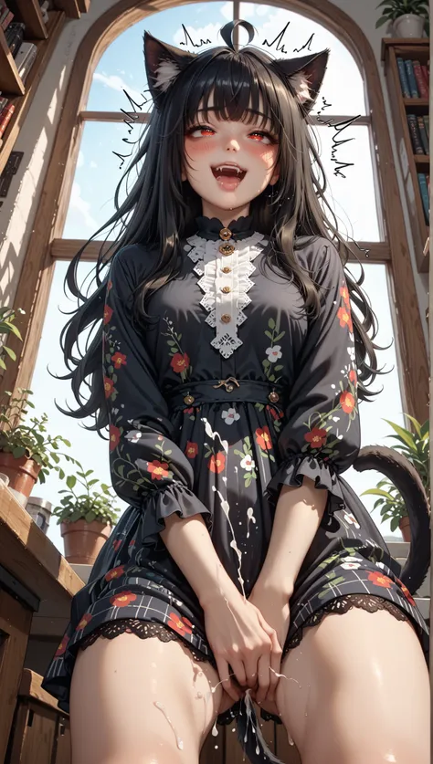 (((ecstasy orgasm face, open mouth, blush, angle from below))), ((cat girl, cat black ears)), (red eyes), (long hair), (( black hair, (Ahoge), straight bangs, drooping eyes, shame smiling, various patterned feminine casual dress, wide background, (straddli...
