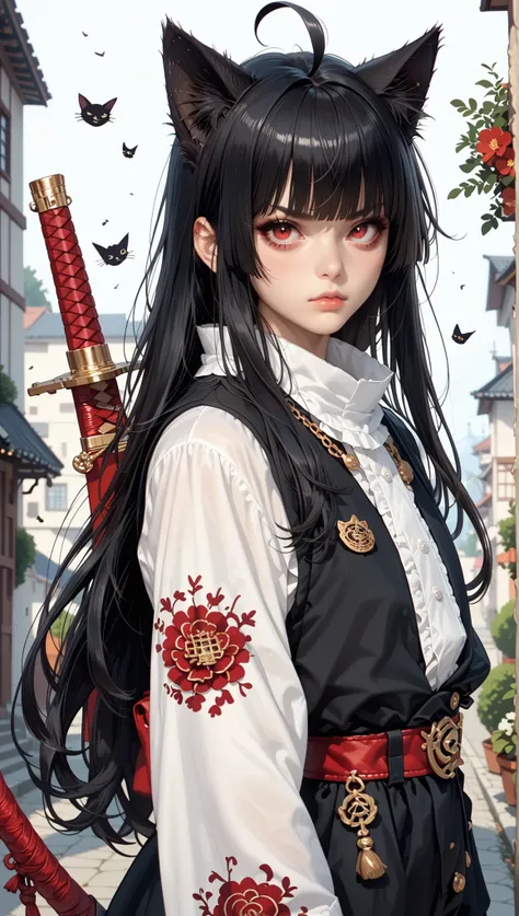 1 girl, (feminine approach), Alone , 1 girl, Ichigokurosaki , ((cat girl, cat black ears)), (red eyes), (long hair), (( black hair, (Ahoge), straight bangs,)),, (Shinigami costume), combat position, holding its sword , serious guy, The lighting is strong ...