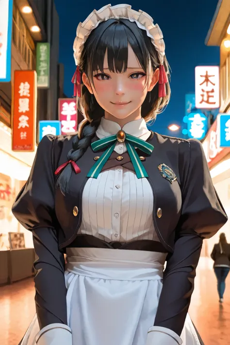 score_9,score_8_up,score_7_up, ((Best quality, 8k, Masterpiece :1.3)), (realistic, photorealistic:1.4), A pretty yuki yokoya with perfect figure:1.4, whole body shot, realistic skin, bright pupils, black hair, hair ribbon, white apron, braids, jewelry, ma...