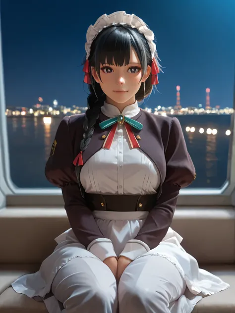 score_9,score_8_up,score_7_up, ((Best quality, 8k, Masterpiece :1.3)), (realistic, photorealistic:1.4), A pretty yuki yokoya with perfect figure:1.4, full body shot, sitting poses, realistic skin, bright pupils, black hair, hair ribbon, white apron, braids...