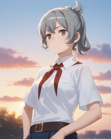 1 девочка, Соло, Высокое разрешение,  white collared shirt, short sleeves, red neckerchief, neckerchief, belt, blue skirt, sky, облака, evening, площадь, short hair, short ponytail, grey hair, grey eyes