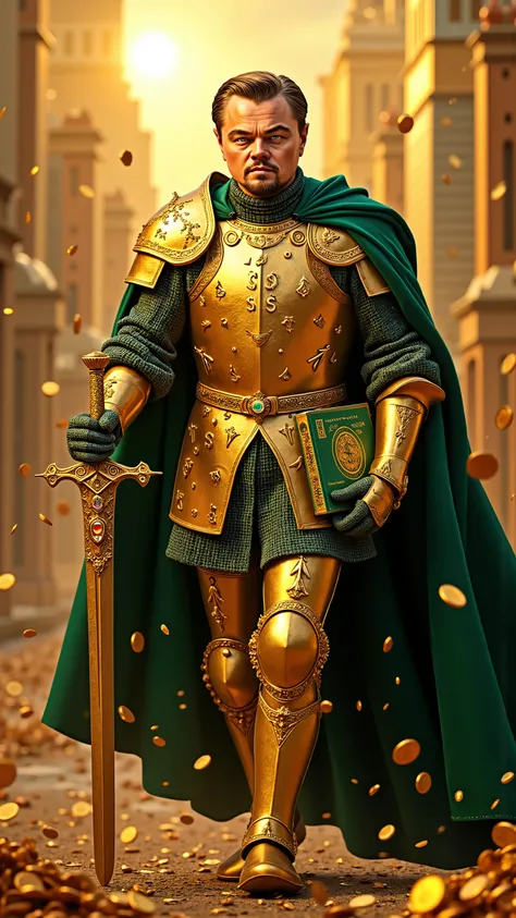 Leonardo DiCaprio reimagined as the embodiment of Capitalism in the form of a majestic medieval knight, walking through a battlefield of gold and power, dramatic atmosphere, 1 male
Golden hair styled with precision, crowned with a radiant laurel circlet o...