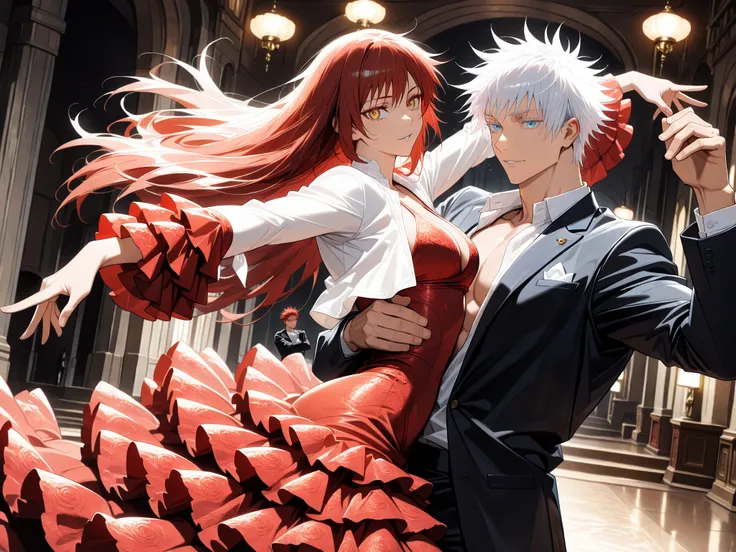 1 man, male focus, Gojo Satoru, Jujutsu Kaisen, white hair, short hair, blue eyes, colored eyelashes, sexy man, handsome, muscular, trained body, black suit, white shirt, open shirt jacket, flamenco outfit BREAK 1 girl, Ryu Shana, golden eyes, red hair, ve...