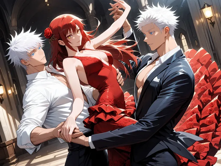1 man, male focus, Gojo Satoru, Jujutsu Kaisen, white hair, short hair, blue eyes, colored eyelashes, sexy man, handsome, muscular, trained body, black suit, white shirt, open shirt jacket, flamenco outfit BREAK 1 girl, Ryu Shana, golden eyes, red hair, ve...