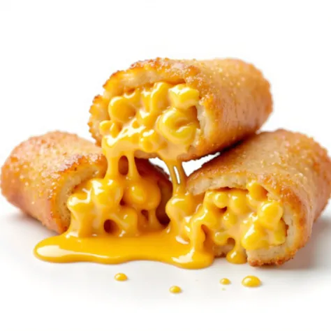 Mac-n-Cheesey eggrolls, realistic photo of excellent quality, 4K, white background, close-up of cheesy egg rolls with stringy cheese, ((three pieces, so that one is cut and the cheese stretches between the halves)), the rolls are more elongated, like tubes