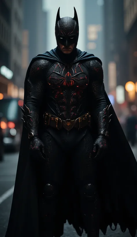 (best quality, 128k, highres, masterpiece:1.2), ultra-detailed, (realistic, photorealistic, photo-realistic:1.37), ((masterpiece)) ((photography)) ((Highest quality)), ((full-body photi:1.9)) Spiderman and Batman combined, Raw photography, Perfect eyes, Ch...