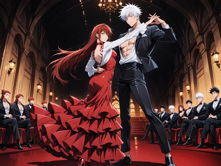 1 man, male focus, Gojo Satoru, Jujutsu Kaisen, white hair, short hair, blue eyes, colored eyelashes, sexy man, handsome, muscular, trained body, black suit, white shirt, open shirt jacket, flamenco outfit BREAK 1 girl, Ryu Shana, golden eyes, red hair, ve...
