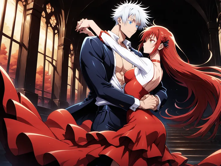 1 man, male focus, Gojo Satoru, Jujutsu Kaisen, white hair, short hair, blue eyes, colored eyelashes, sexy man, handsome, muscular, trained body, black suit, white shirt, open shirt jacket, flamenco outfit BREAK 1 girl, Ryu Shana, golden eyes, red hair, ve...