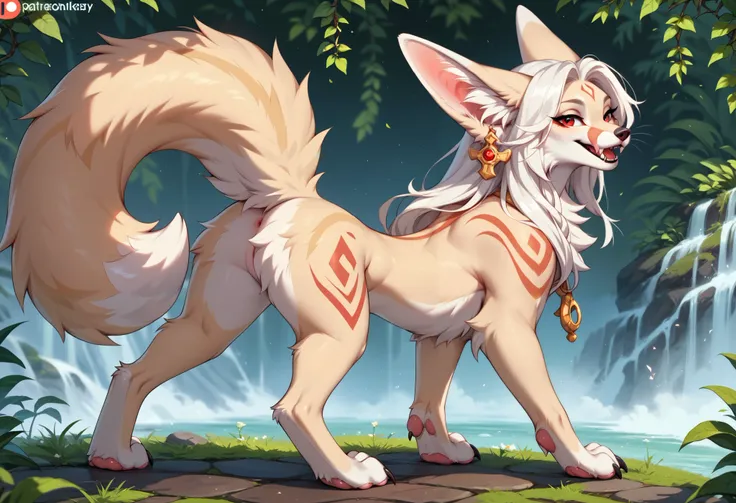 by Zackary911, by Kenket, by Kilinah, by fluff-kevlar, feral, mommy female white fennec fox, solo, long white hair, red eyes, fangs, full body, one big tail, dark priest with black and red cloack, seductive pose, ((three quater view, back view)),