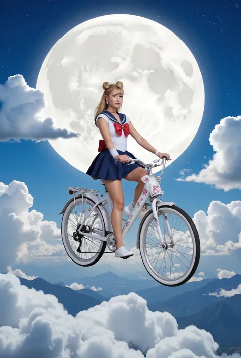 Create a hyper-realistic photograph of a stunning 20-year-old girl with fair skin. She has very long straight blonde hair styled in two round buns as twin tails. She is wearing a Sailormoon costume. The background features a large, luminous moon that fills...