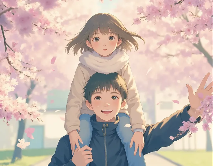 "A young father with short black hair and bright eyes, wearing a dark blue jacket, smiling happily while carrying his little daughter on his shoulders. The daughter has short brown hair, a light beige jacket, and blue jeans. She is looking at cherry blosso...