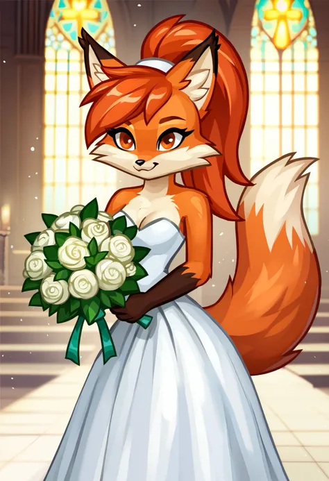 (zPDXL2), (PonyXLV6_Scores), rating_safety, Expressiveh, portrait shot, BREAK
lhata4564, d3t41l3d, 
solo, (furry, anthro), female, Lilyan,  European girl, (ginger tail fox girl, furry snout), (standing, holding bouquet:1.35), tight ponytail, (wedding dress...