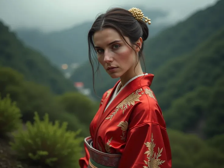 "A hyper-realistic 8K portrait of a 33-year-old slender Slavic woman standing in a slight forward lean in a Japanese nature setting, surrounded by lush greenery and misty mountains. She has blond hair. She wears a luxurious red silk kimono with intricate g...