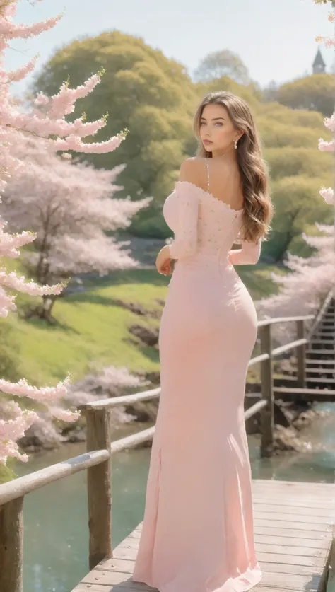 A stunning young woman with long, wavy brown hair is standing on a wooden bridge by a tranquil river. She is dressed in a light pink, tight-fitting outfit with floral designs, consisting of a crop top and leggings that accentuate her slim figure. (View fro...