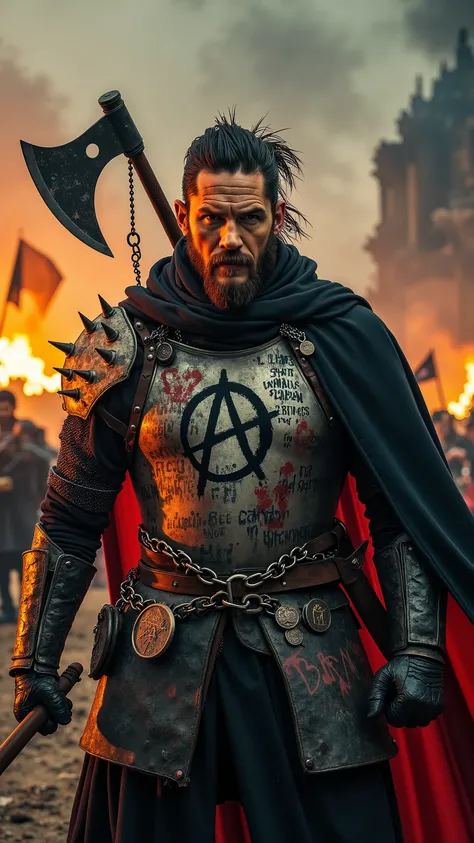 Tom Hardy reimagined as the embodiment of Anarchism in the form of a rogue medieval knight, storming through a chaotic battlefield lit by fires of rebellion, dramatic atmosphere, 1 male
Disheveled dark hair and stubble, his head wrapped in a black torn ho...