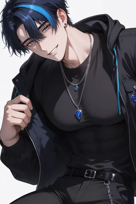 1 man, adult, solo, male focus, (streaked hair:1.5), dark blue hair, blue hair, short hair, blue eyes, cool large shirt, black shirt, necklaces, muscular, sexy man, handsome, solo, mature, handsome, sexy man, sensual, pale skin, lean, muscular, cool, high ...