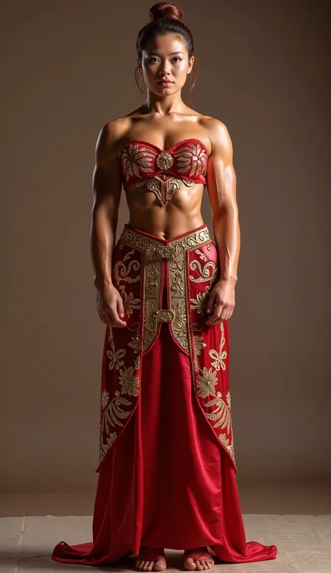  Full body photograph of a beautiful 18 year old girl,    Warrior Bodybuilder, , wearing a Chinese style sedan dress in red and gold,    looking directly at the viewer    