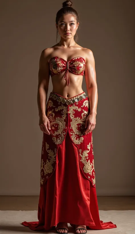  Full body photograph of a beautiful 18 year old European girl named S0PH14,    Warrior Bodybuilder, , wearing a Chinese style sedan dress in red and gold,    looking directly at the viewer    