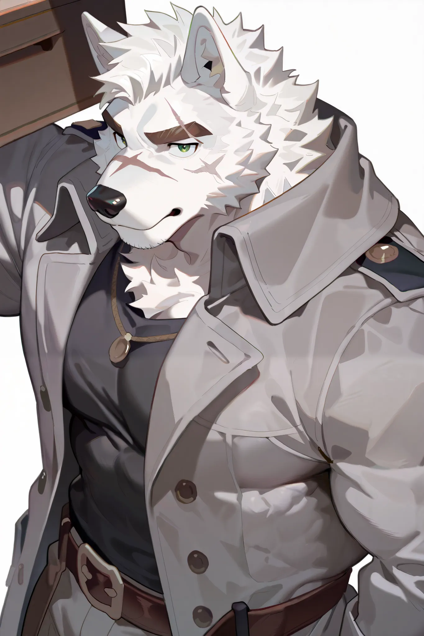 1 boy , alone, human furry , White Wolf, white fur, , Dark pattern , green eyes at the top of the head, eyes with scars, White hair,Brown eyebrows,Sturdy ,are muscular。
detective,grey coat。
confident gesture、
masterpiece, is the best quality,