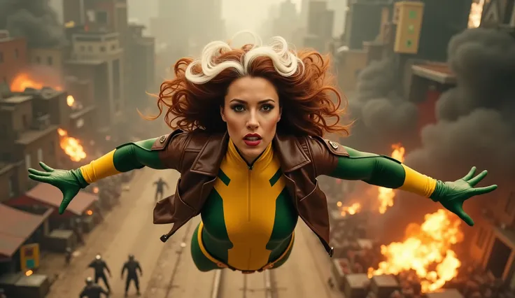 Cinematic shot of A stunning beautiful Rogue soaring through the air in her green and yellow X-Men uniform, complemented by her signature brown leather jacket billowing behind her. Her white-streaked auburn hair streams backward as she flies at high speed....