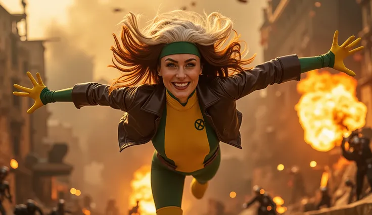Cinematic shot of A stunning beautiful Rogue smiling and soaring through the air in her green and yellow X-Men uniform, complemented by her signature brown leather jacket billowing behind her. Her white-streaked auburn hair streams backward as she flies at...