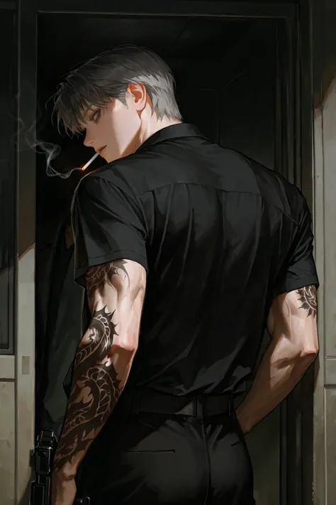 middle-aged man whose mother is, handsome, lie, dark hair, Man with gun, Dark circles under the eyes , short hair, Male-centered, handsome man, thick paint , Korean comic style , semi-realistic art , semi-realistic art style, expressive bru...