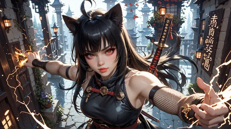 masterpiece, best quality, good quality, very aesthetic, absurdres, newest, 8K, depth of field, focused subject, in the style of cknc, artist:moriimee, in the style of cksc, BREAK side portrait of stunning Chinese ninja woman, long bioluminescent, , cat ea...