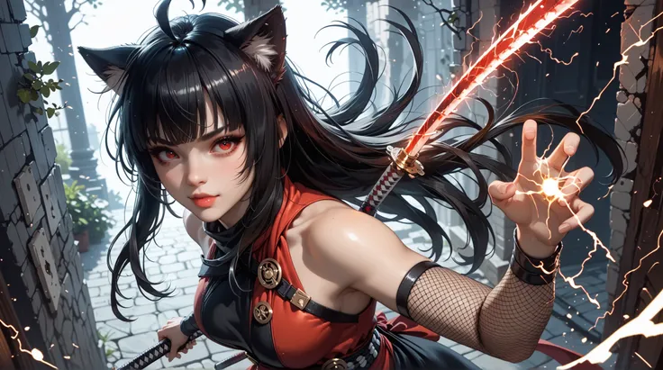 masterpiece, best quality, good quality, very aesthetic, absurdres, newest, 8K, depth of field, focused subject, in the style of cknc, artist:moriimee, in the style of cksc, BREAK side portrait of stunning Chinese ninja woman, long bioluminescent, , cat ea...