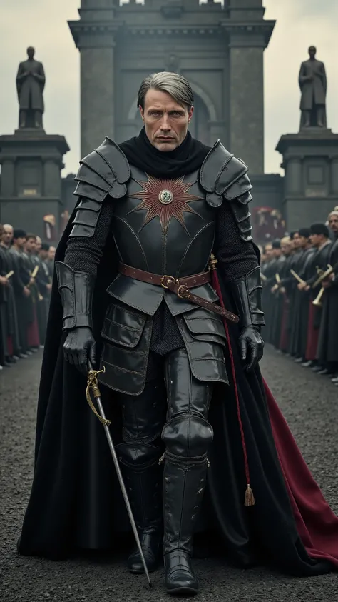 Mads Mikkelsen reimagined as the embodiment of Fascism in the form of a cold and commanding medieval knight, walking through a militarized black citadel, dramatic atmosphere, 1 male

Slicked-back silver hair beneath a dark iron crown shaped like interlocki...