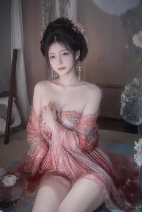 girl,solo,dress,earrings,jewelry,long hair, ancient female chinese clothes,looking at viewer , Chinese dress,brown eyes, black hair, sexy camisole, revealing thights and hip and venter, top quality, Masterpiece, Ultra High Resolution, High Definition RAW C...