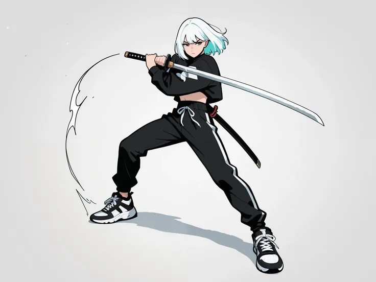Anime men, thick, clear line, Dynamic poses ,streetwear, katana
