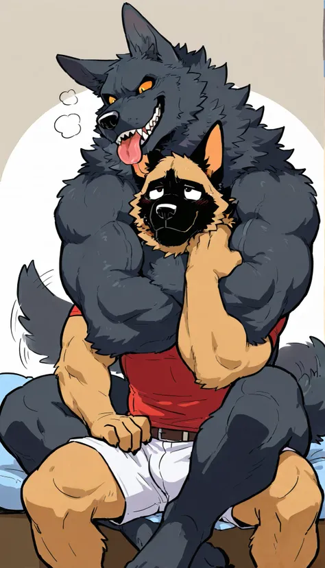 score_9, score_8_up, score_7_up, score_6_up, masterpiece, best quality, amazing quality, sitting, very aesthetic, absurdres, newest, feral german shepherd dog, (heartless, muscular, feral, big muscles), black wolf, 2male, hugging, closed Mouth, licking, ha...