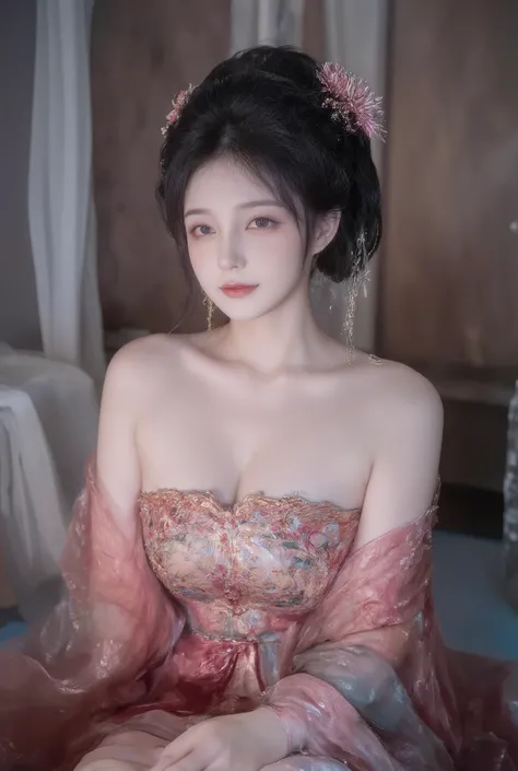 girl,solo,dress,earrings,jewelry,long hair, ancient female chinese clothes,looking at viewer , Chinese dress,brown eyes, black hair, sexy camisole, revealing thights and hip and venter, top quality, Masterpiece, Ultra High Resolution, High Definition RAW C...