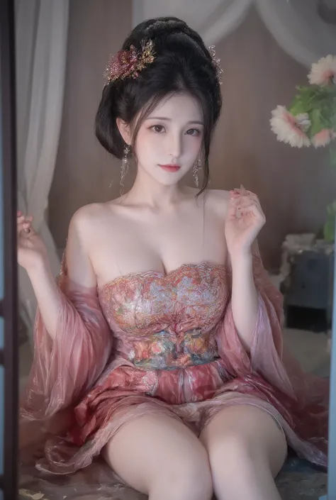girl,solo,dress,earrings,jewelry,long hair, ancient female chinese clothes,looking at viewer , Chinese dress,brown eyes, black hair, sexy camisole, revealing thights and hip and venter, top quality, Masterpiece, Ultra High Resolution, High Definition RAW C...
