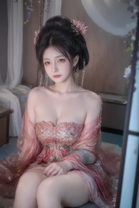 girl,solo,dress,earrings,jewelry,long hair, ancient female chinese clothes,looking at viewer , Chinese dress,brown eyes, black hair, sexy camisole, revealing thights and hip and venter, top quality, Masterpiece, Ultra High Resolution, High Definition RAW C...