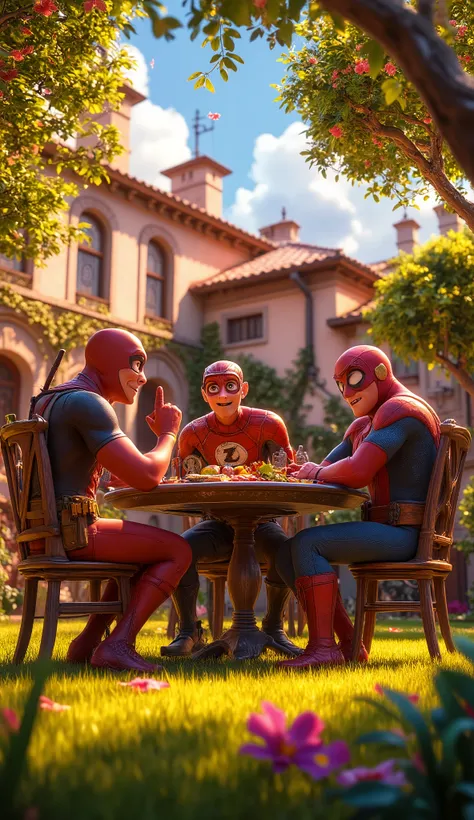 A superhero meeting taking place in a peaceful garden outside a grand house. The background showcases a well-maintained garden with lush green grass, trees with some fallen leaves scattered on the ground, and a warm golden sunshine illuminating the scene. ...
