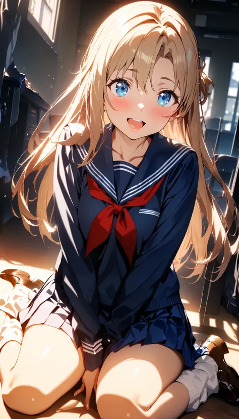 (BEST QUALITY:1.2, 4K, 8k, Animation Studio , very well detailed, Latest, vibrant, High detail, high contrast, masterpiece:1.2, BEST QUALITY, best aesthetics), (((1 girl))), Sit and pose, JK, sailor suit, pleated skirt, Loose Socks, loafers, please open y...