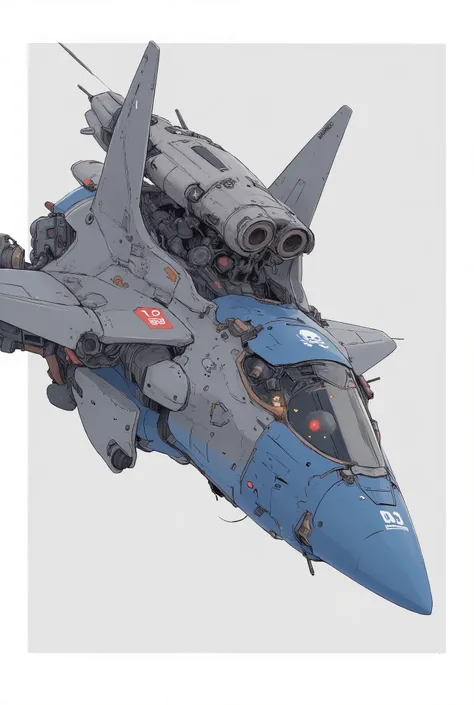 blue and grey mecha fighter, futuristic design, missile pod mounted on the wing, twin barrel laser gun mounted on top, skull and crossbone insignia , number 001 and warning label, Refined aerodynamic shape, A large external rocket booster is attached to th...