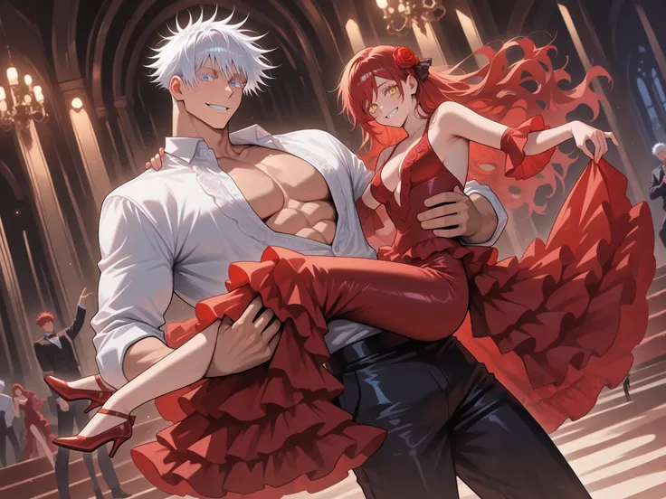 1 man, male focus, Gojo Satoru, Jujutsu Kaisen, white hair, short hair, blue eyes, colored eyelashes, sexy man, handsome, muscular, trained body, black suit, white shirt, open shirt jacket, flamenco outfit BREAK 1 girl, Ryu Shana, golden eyes, red hair, ve...