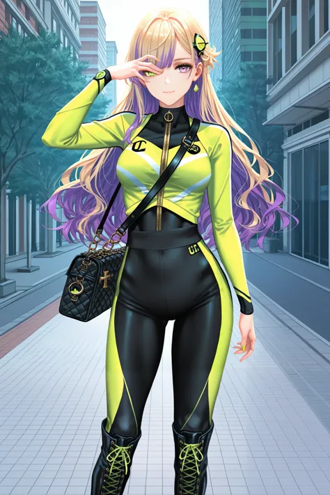 masterpiece, best quality, absurdres, highres, 1girl, solo, ((tall elegant figure)), ((long wavy two-toned hair:1.2)), ((purple hair with blonde highlights)), ((purple-gold heterochromatic eyes)), medium breasts, ((sleek black and lime green sportswear)), ...