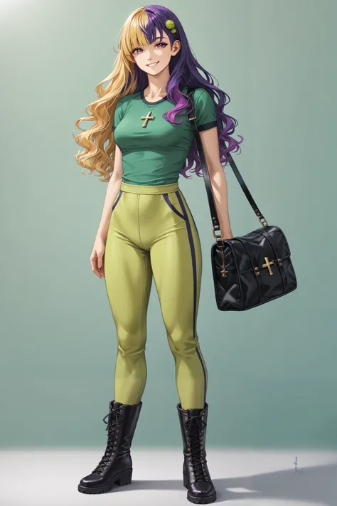 masterpiece, best quality, absurdres, highres, 1girl, solo, ((tall elegant figure)), ((long wavy two-toned hair:1.2)), ((purple hair with blonde highlights)), ((purple-gold heterochromatic eyes)), medium breasts, ((sleek black and lime green sportswear)), ...