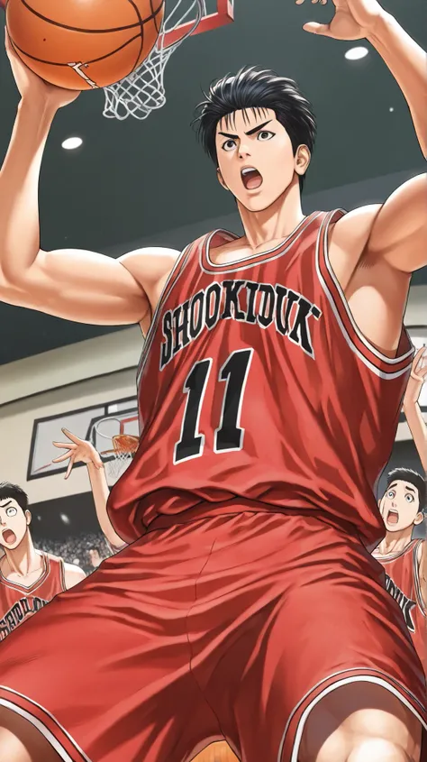 
((Best Quality)),( super high definition),(Super detailed),( detailed description ),((The best CG)),(masterpiece),boys,slam dunk _Mitsui Hisashi、Mitsui Hisashi has a 3p shot,I want to play basketball,(EXCITING DUNK SHOOT、angle from directly below)、If you ...