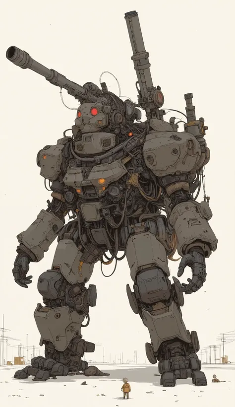  light gray background 、The robot is heavily armored and、has a tank turret on top, treads for mobility, and a number of mechanical parts that I whimsically explain. The picture is signed "is labeled Tread Formability" 、"CROMWEL CATSO." The background is pl...