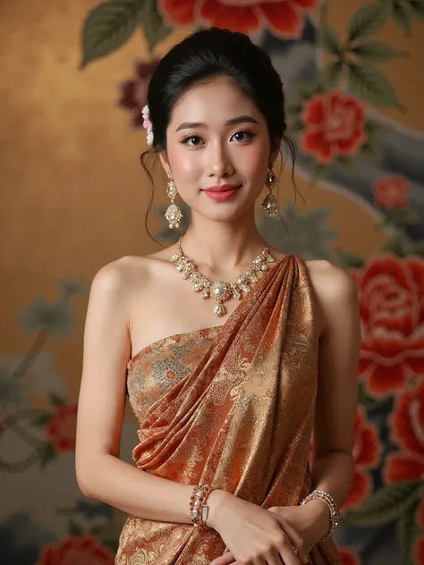 a beautiful Thai woman wearing traditional Thai costume, elegant jewelry, intricate silk patterns, standing gracefully against a detailed floral Thai mural background, soft golden lighting, studio editorial lighting, cinematic focus, cultural heritage conc...