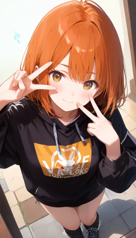 Put your face up for a V sign、and looks down from above