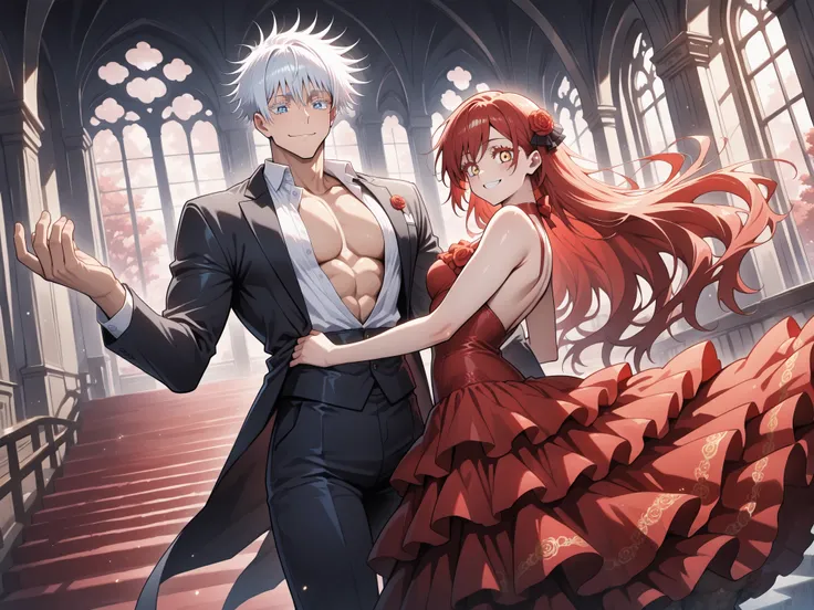 1 man, male focus, Gojo Satoru, Jujutsu Kaisen, white hair, short hair, blue eyes, colored eyelashes, sexy man, handsome, muscular, trained body, black suit, white shirt, open shirt jacket, flamenco outfit BREAK 1 girl, Ryu Shana, golden eyes, red hair, ve...