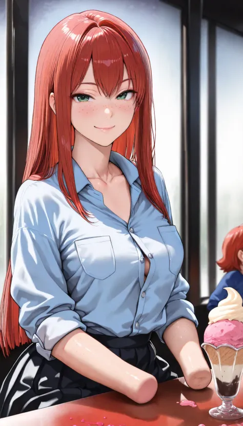 beautiful armless amputee girl dressed in blue shirt with rolled sleeves and skirt sitting the shiny ice-cream parlor, girl, cute, sassy, smile, green eyes, (freckles), redhead, ((long straight red hair)), ((light blue button down shirt)), (((rolled up sle...