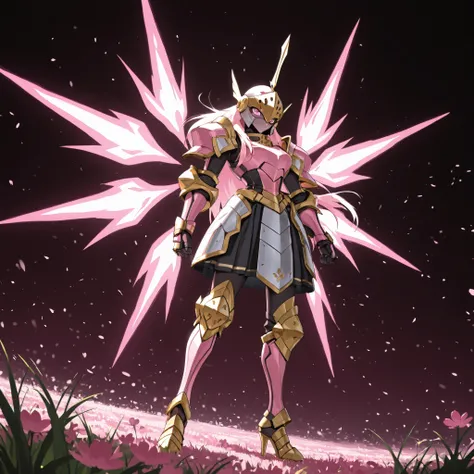   (best quality, masterpiece, 8K, anime style, anime lighting, hdr image, ultra detailed, beautiful image, without errors, anatomically correct)Armarouge, female knight with long hair , White-Pink fluorescent armor,fully cover helmet ,metal mask,chest,Heav...
