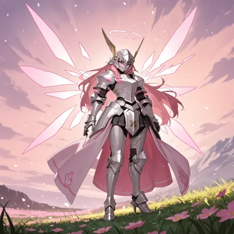  (best quality, masterpiece, 8K, anime style, anime lighting, hdr image, ultra detailed, beautiful image, without errors, anatomically correct) female knight with long hair , White-Pink fluorescent armor,fully cover helmet ,metal mask,chest,Heavy armor fe...